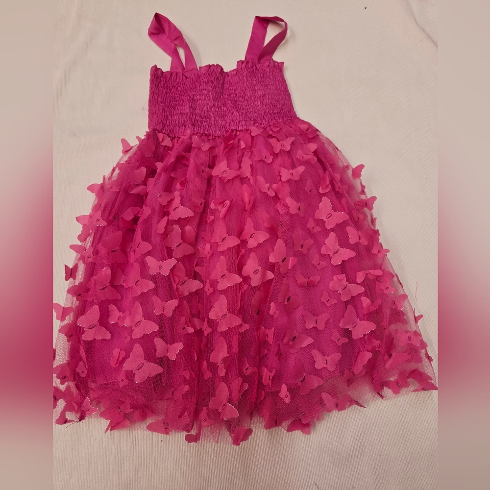Girls Sleeveless Smocked 3D Butterfly Tulle Dress, Fuchsia - (Medium)
